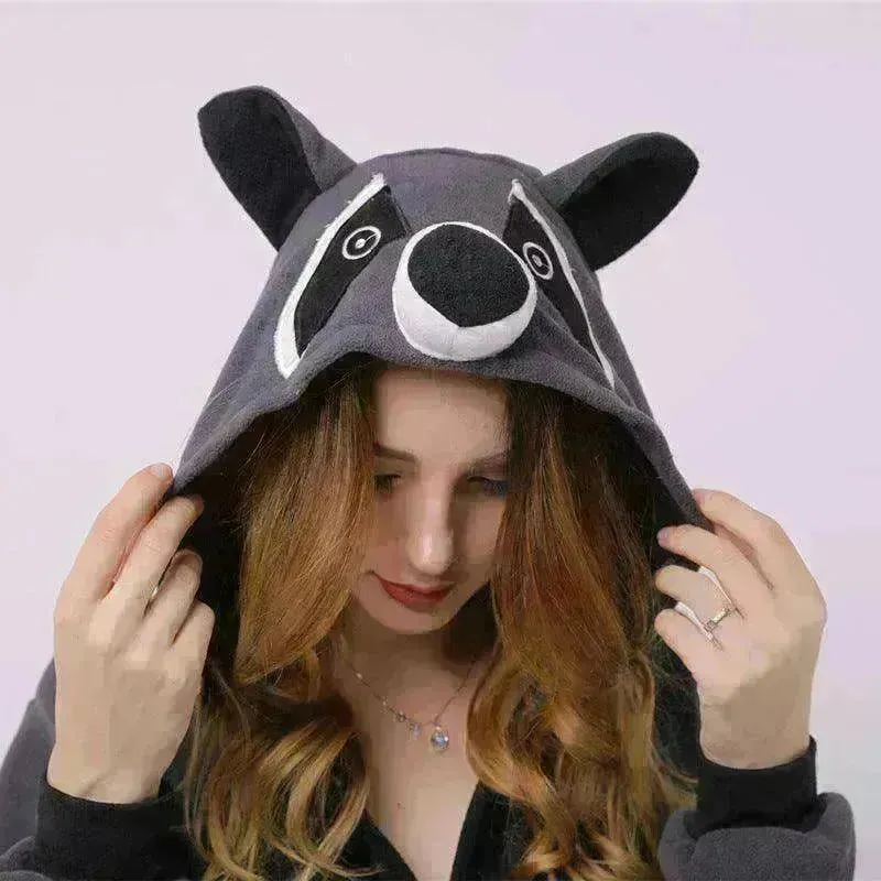 Raccoon cartoon animal one-piece pajamas polar fleece material