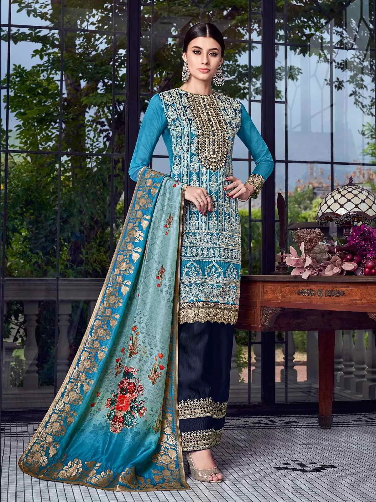 Ravishing Blue Lucknowi Embroidered Pakistani Style Pant Suit