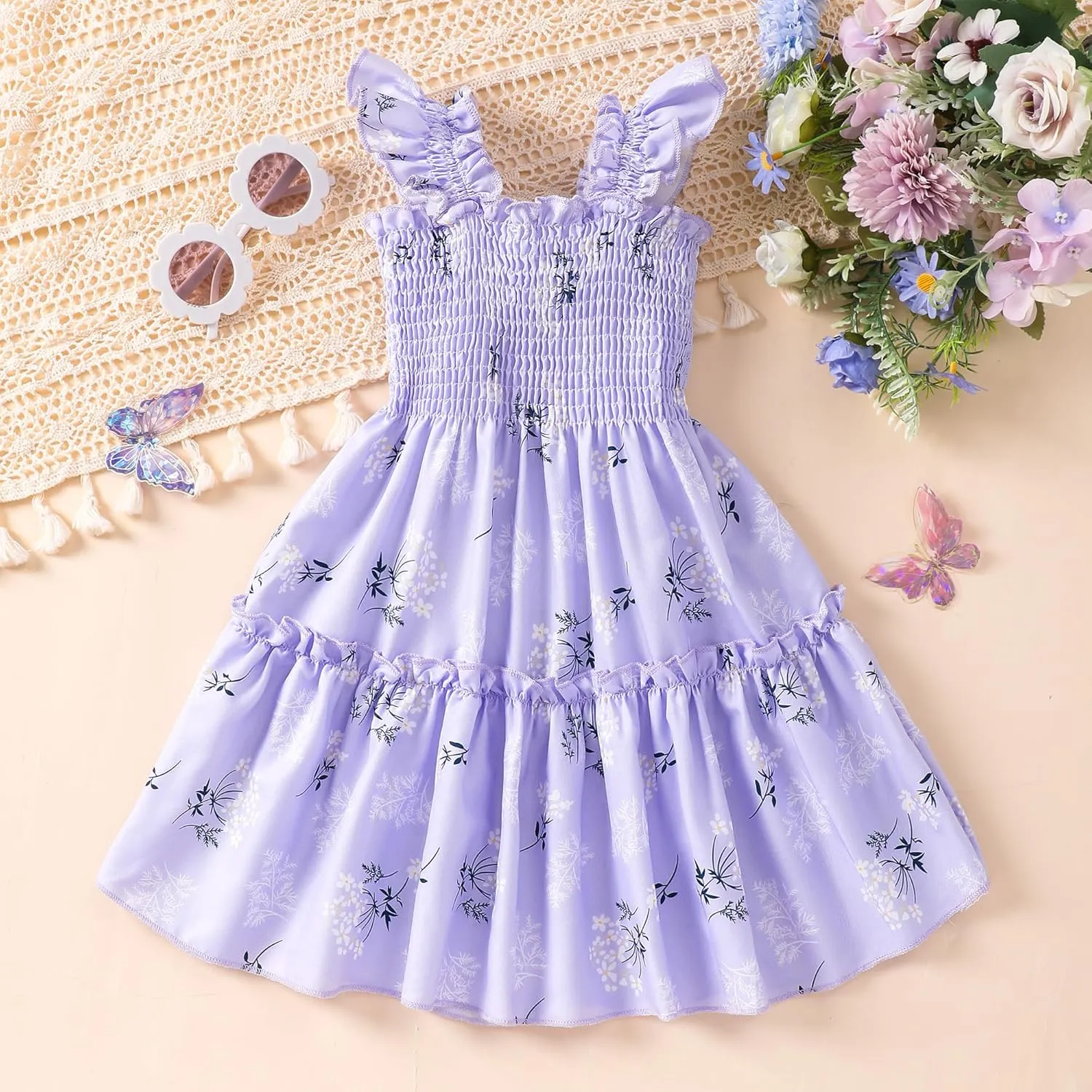 RETSUGO Little Girls Dresses Flutter Sleeve Casual Birthday Party Dress Toddler Kids Swing Twirly Summer Sundress 1-8 Years