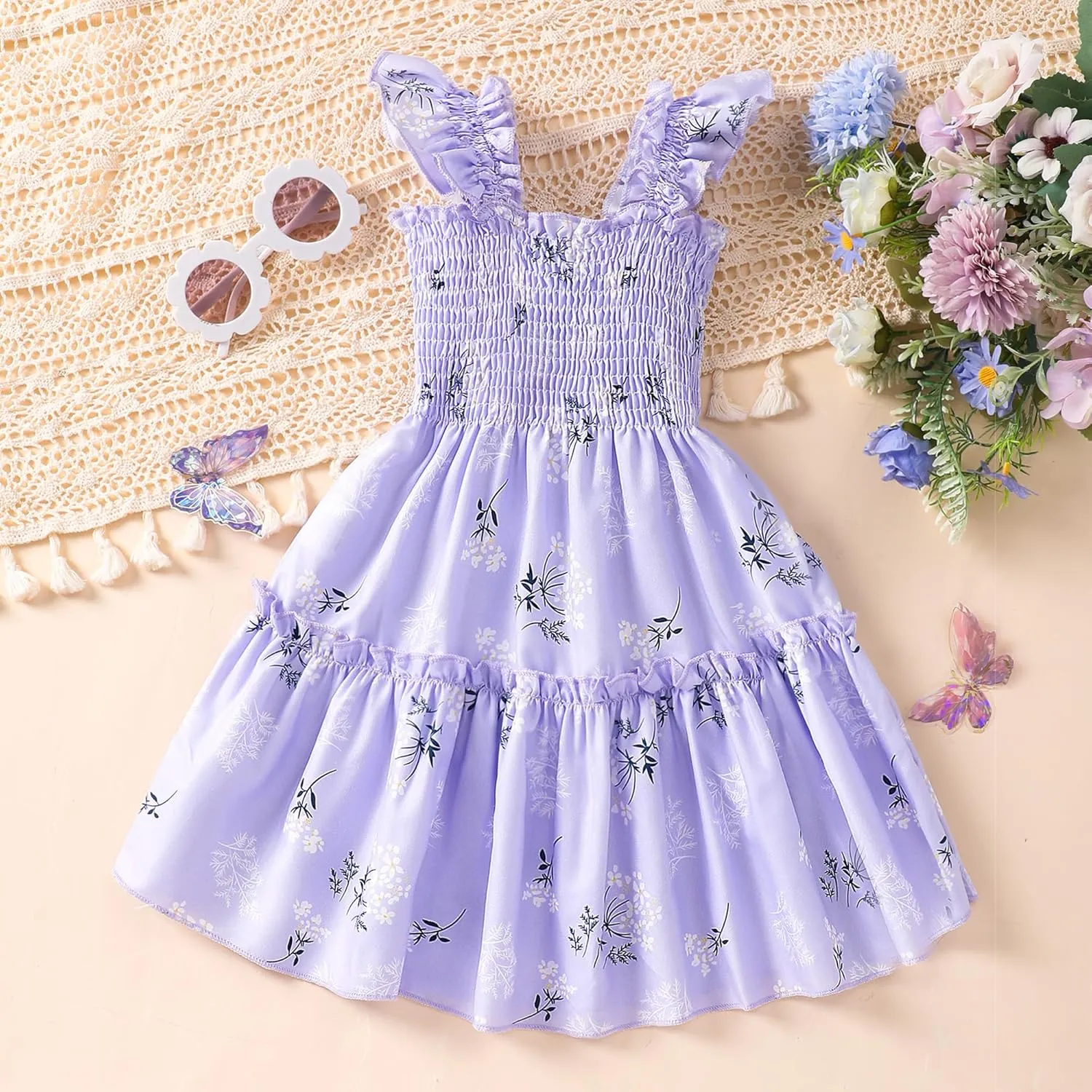 RETSUGO Little Girls Dresses Flutter Sleeve Casual Birthday Party Dress Toddler Kids Swing Twirly Summer Sundress 1-8 Years