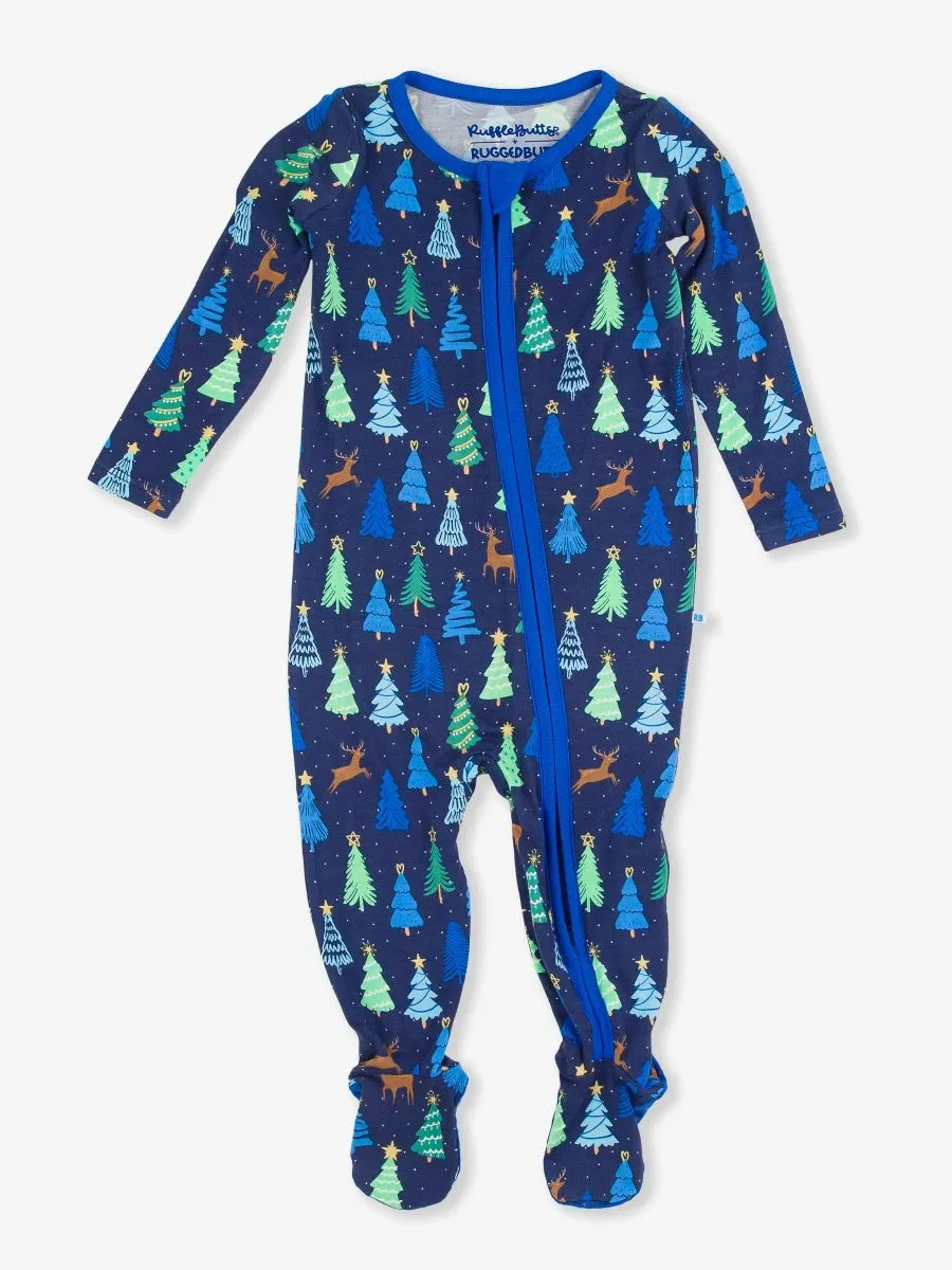 Ruffle Butts- One Piece Footed Romper (Merry Blue Pines, 0-24m)