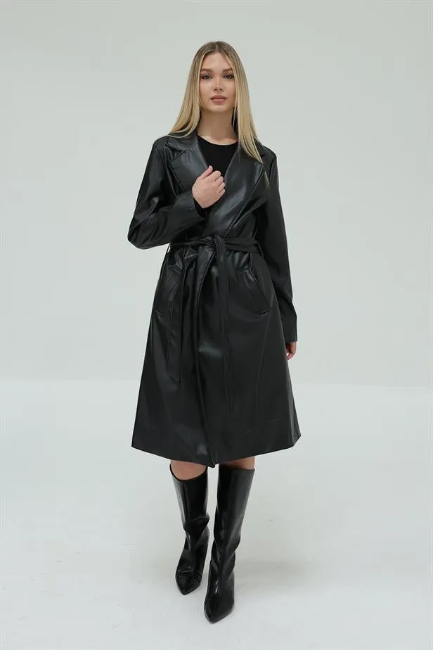 RYN Belted Leather Trench Coat - Black - Mount Pleasant