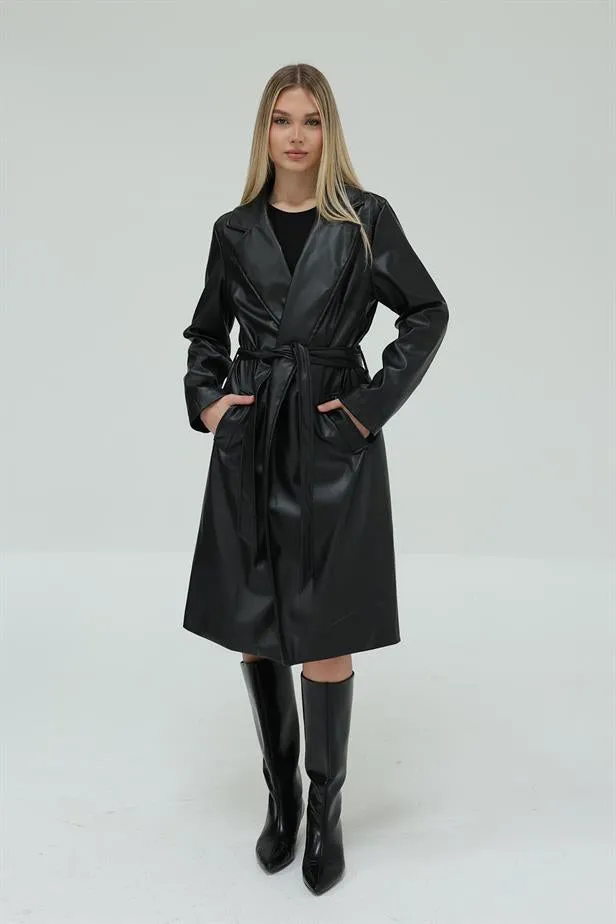 RYN Belted Leather Trench Coat - Black - Mount Pleasant