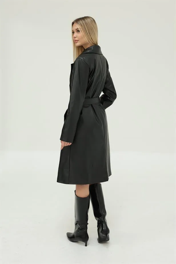 RYN Belted Leather Trench Coat - Black - Mount Pleasant