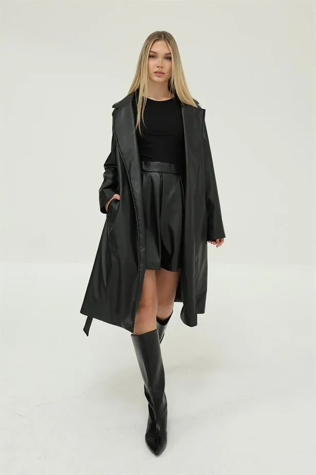 RYN Belted Leather Trench Coat - Black - Mount Pleasant