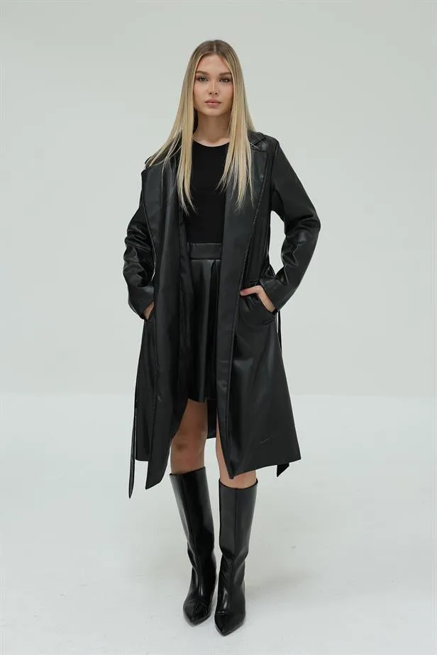RYN Belted Leather Trench Coat - Black - Mount Pleasant