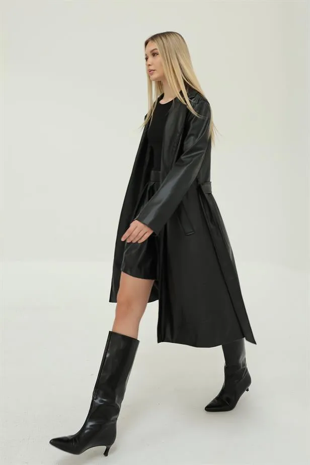 RYN Belted Leather Trench Coat - Black - Mount Pleasant