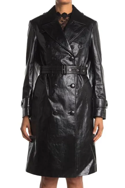 Salvi Black Leather Long Trench Coat Women Outfit