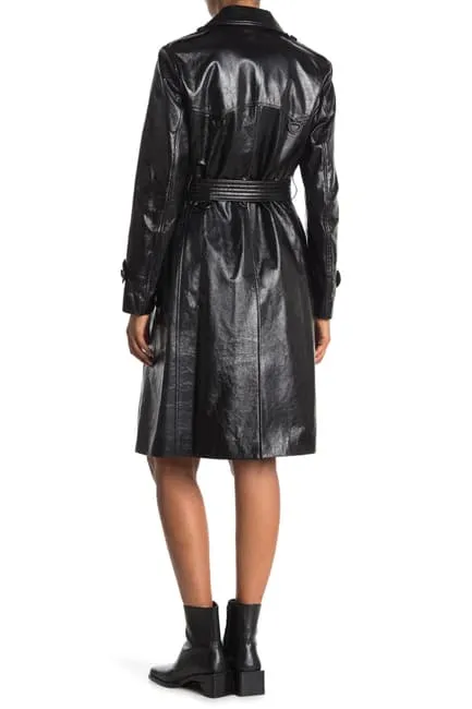 Salvi Black Leather Long Trench Coat Women Outfit