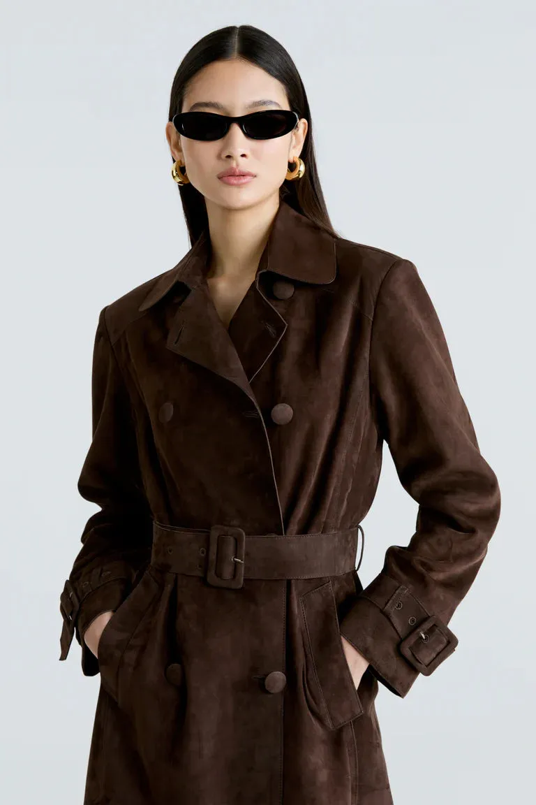 Shira Suede Leather Long Trench Coat Women Outfit
