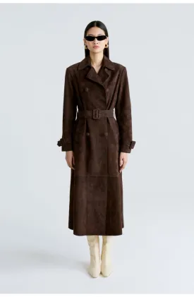 Shira Suede Leather Long Trench Coat Women Outfit