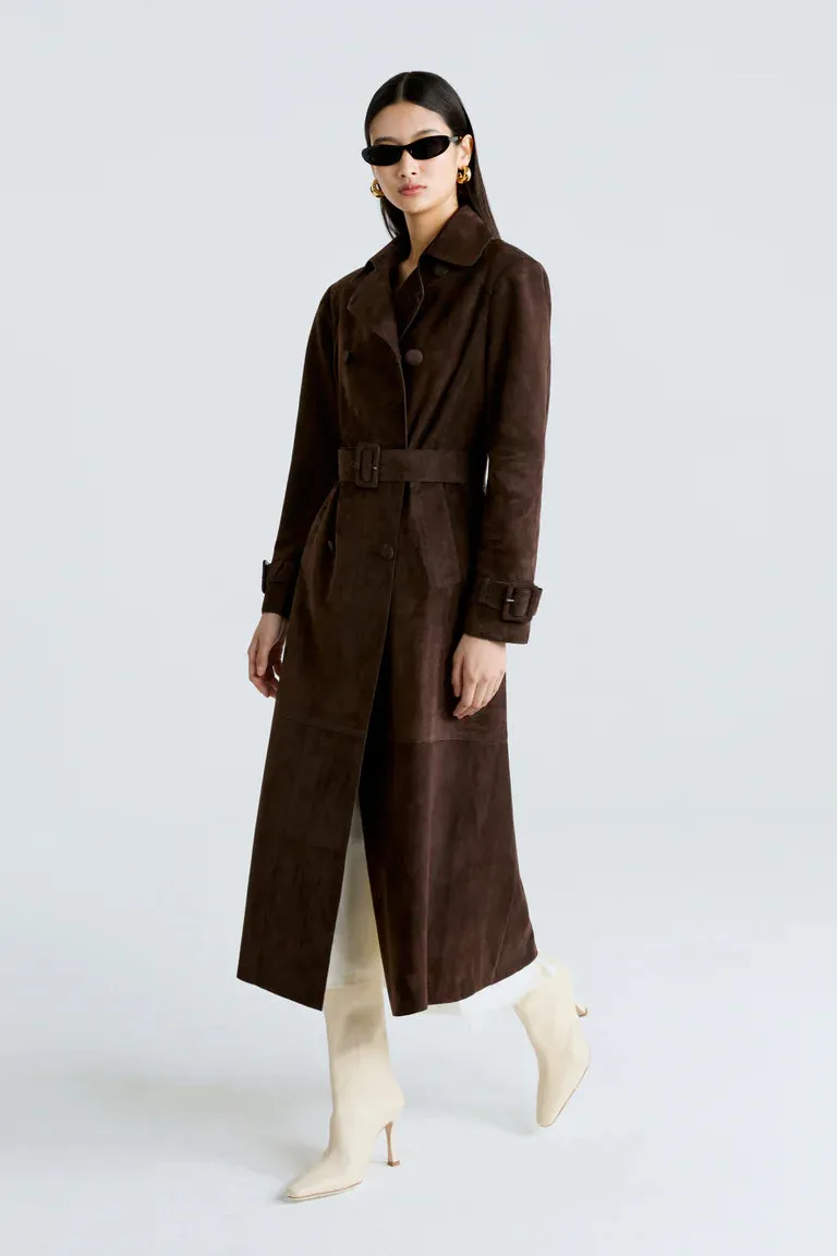Shira Suede Leather Long Trench Coat Women Outfit