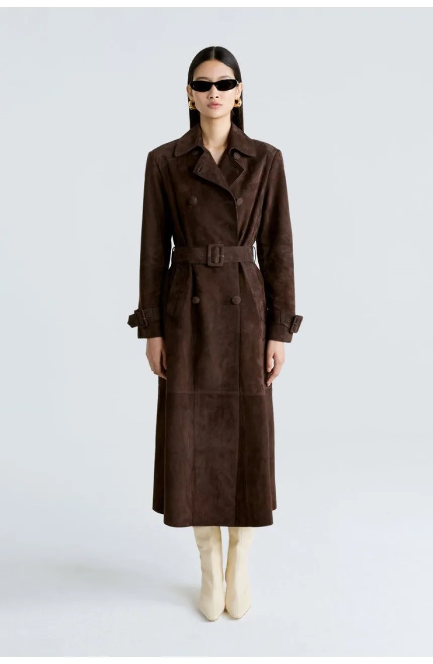 Shira Suede Leather Long Trench Coat Women Outfit