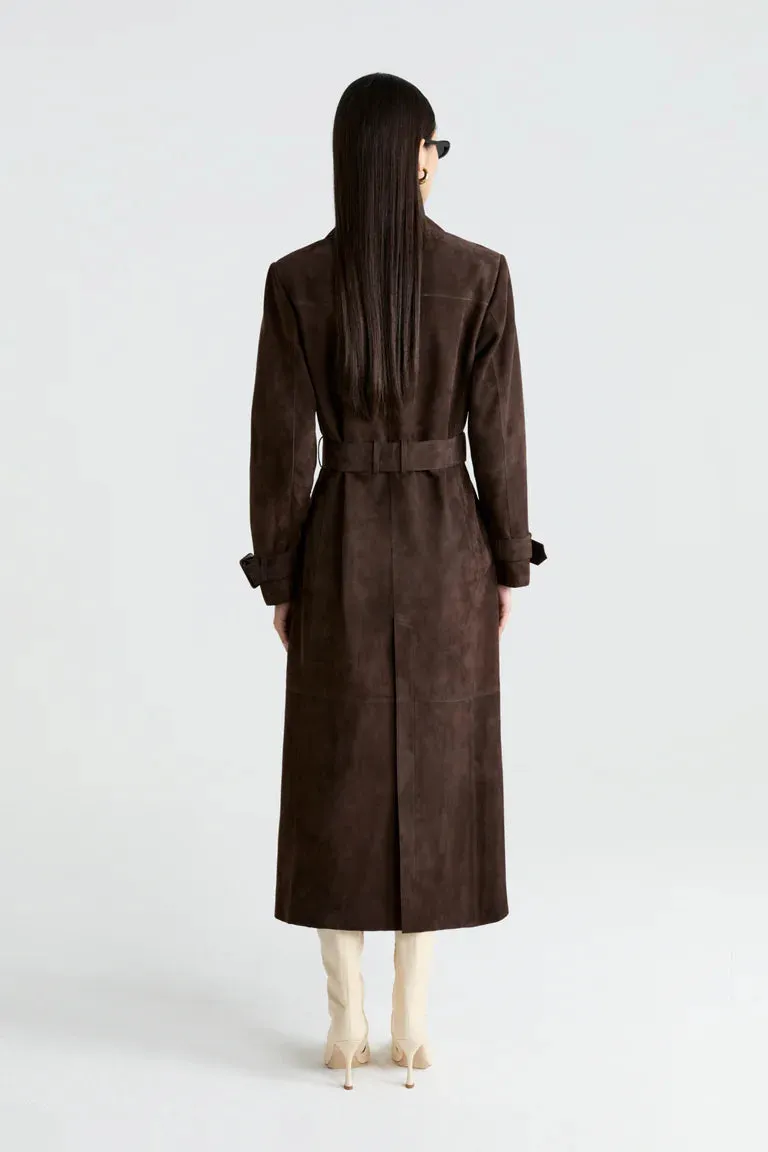 Shira Suede Leather Long Trench Coat Women Outfit