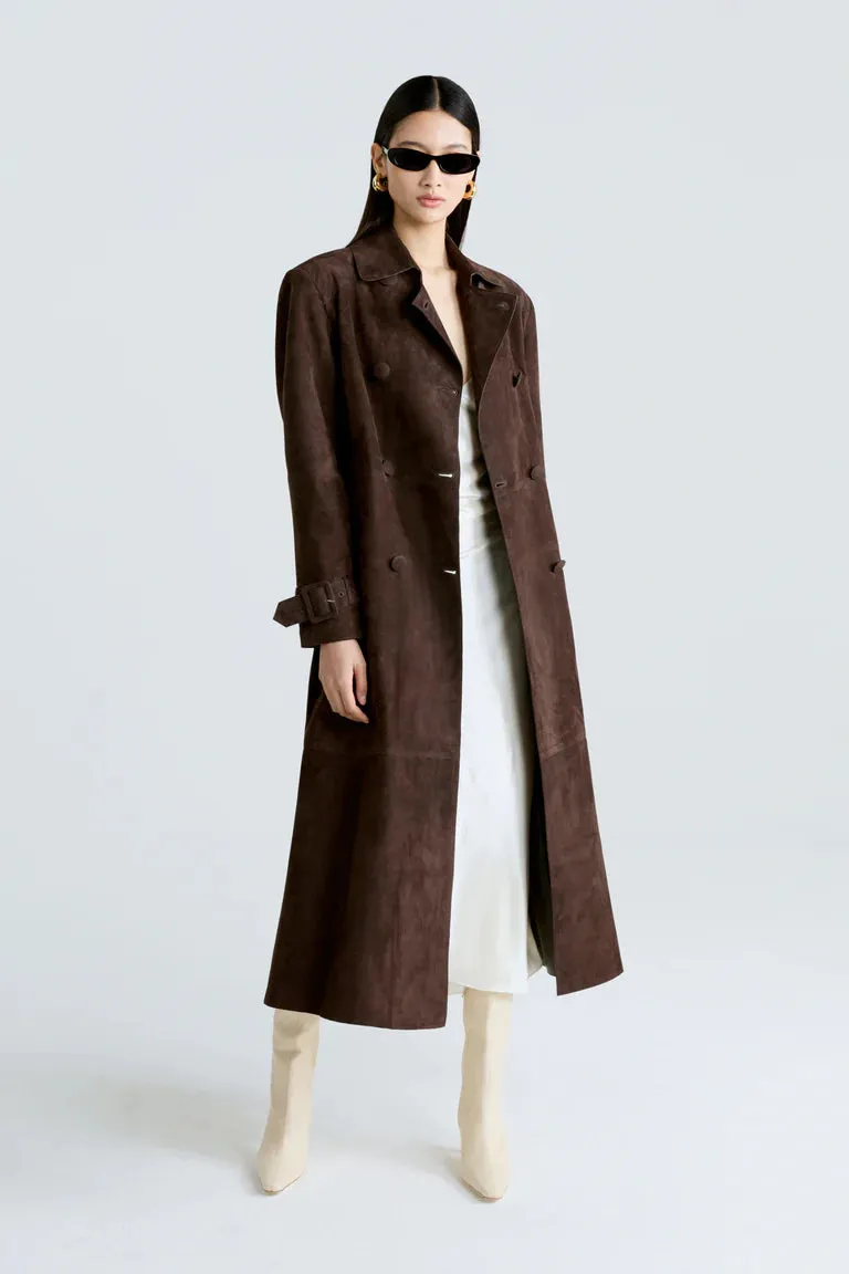 Shira Suede Leather Long Trench Coat Women Outfit