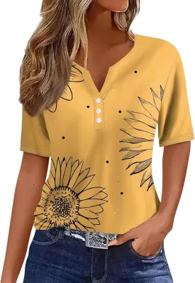 Short Sleeve Shirts for Women Summer Tops 2025 Trendy Plus Size Casual Button Down V Neck Tunic Tops for Women
