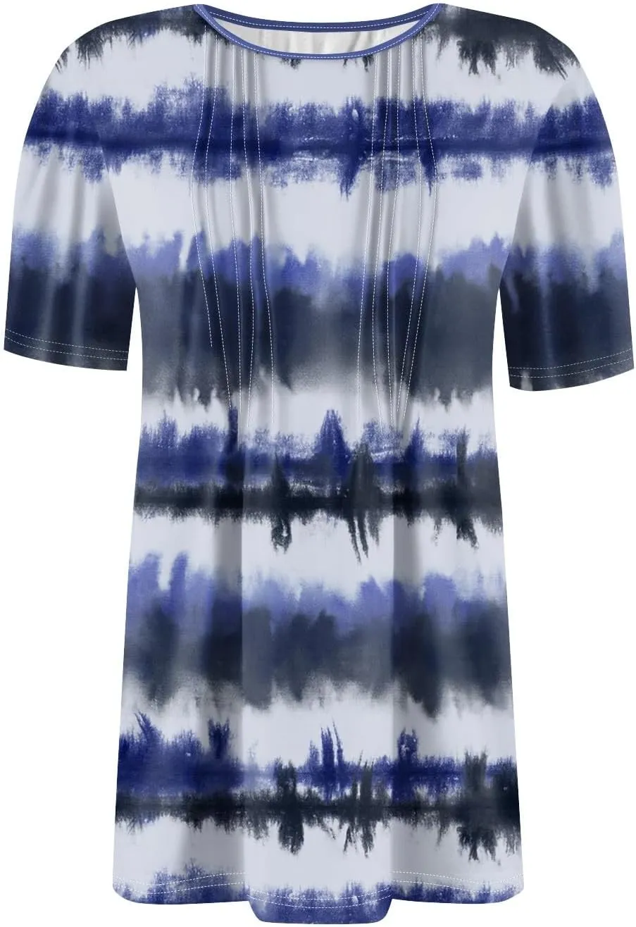 Short Sleeve Tops for Women Summer 2025 V Neck Dressy Casual Blouses Loose Shirts Pleated Tunic Tops Printed Basic Tees