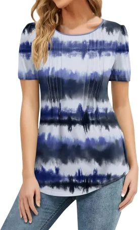 Short Sleeve Tops for Women Summer 2025 V Neck Dressy Casual Blouses Loose Shirts Pleated Tunic Tops Printed Basic Tees