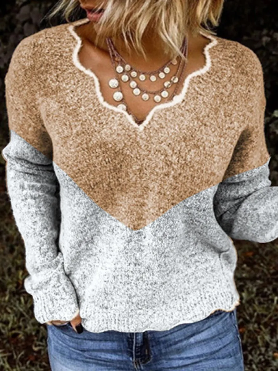 Simple Casual Loose Long-Sleeved Contrast Sweater
