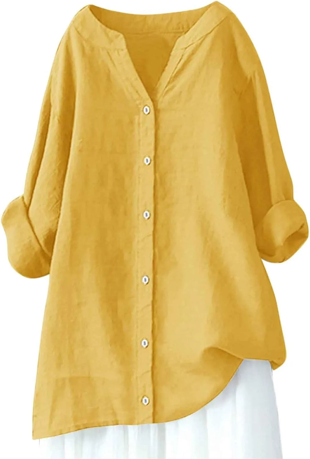 Summer Linen Tops for Women 2024 Vacation Trendy V Neck Long Sleeve Shirts Casual Button Up Tunic Clothes
