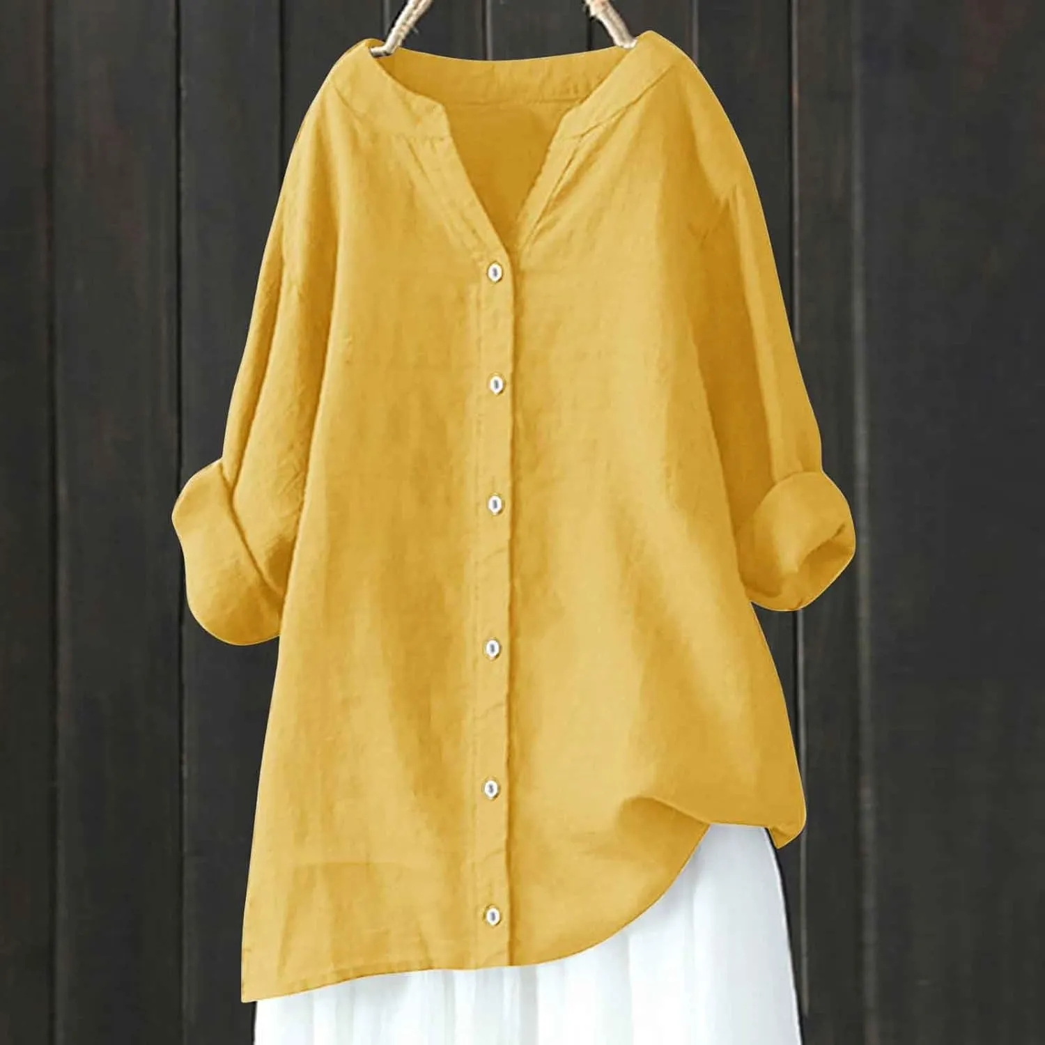 Summer Linen Tops for Women 2024 Vacation Trendy V Neck Long Sleeve Shirts Casual Button Up Tunic Clothes