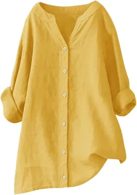 Summer Linen Tops for Women 2024 Vacation Trendy V Neck Long Sleeve Shirts Casual Button Up Tunic Clothes