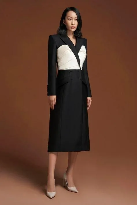The goddess black and white pleated chest trench coat- Aliah