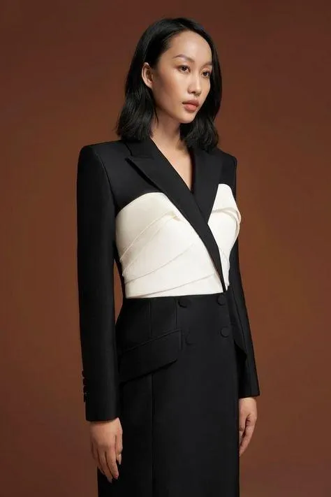 The goddess black and white pleated chest trench coat- Aliah
