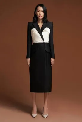 The goddess black and white pleated chest trench coat- Aliah