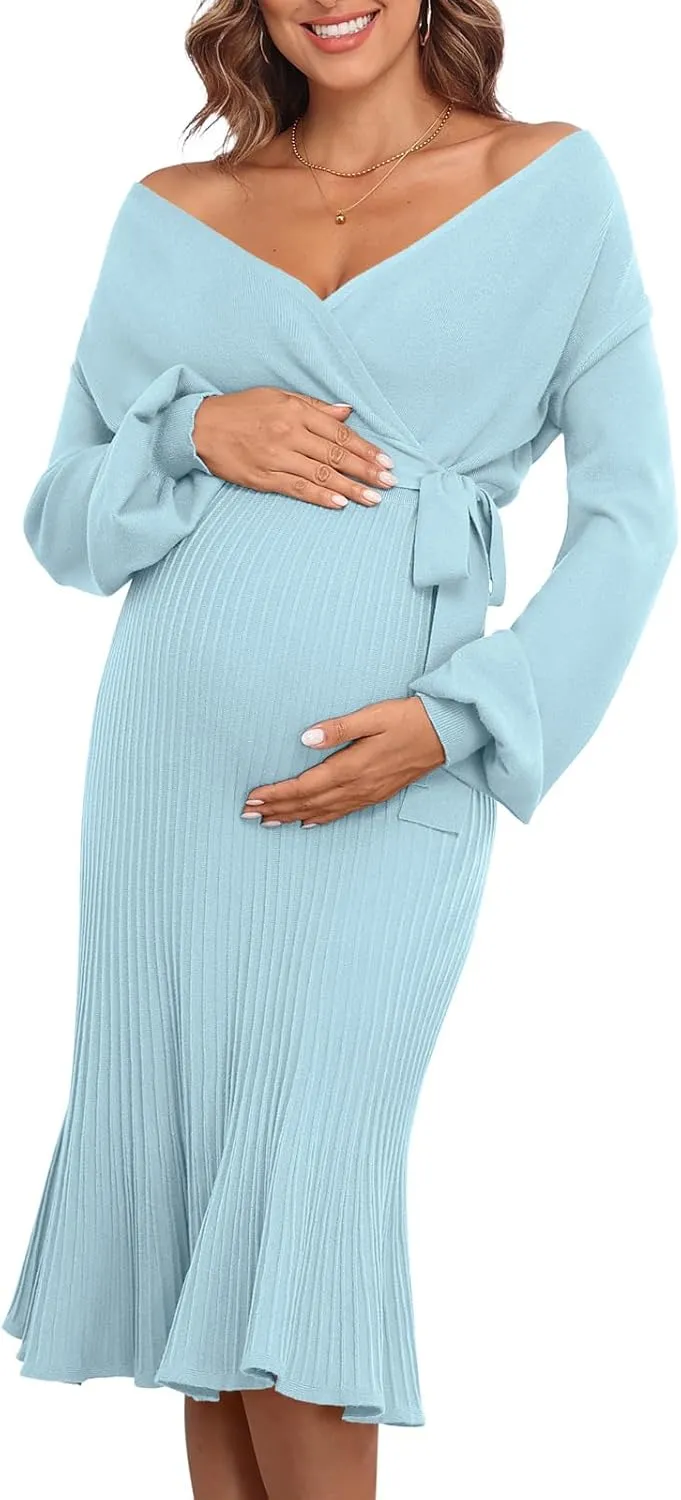 V FOR CITY Maternity Sweater Dress Women Spring Wrap V Neck Pleated A Line Waist with Belt Pregnancy Photoshoot Baby Shower