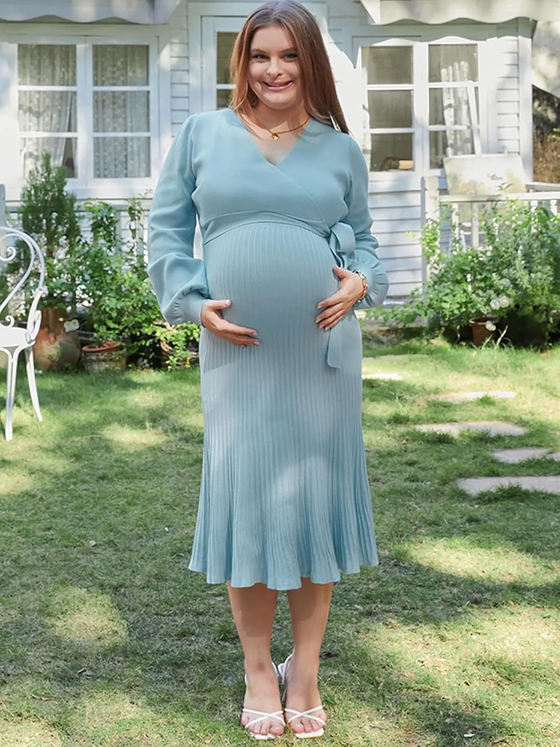 V FOR CITY Maternity Sweater Dress Women Spring Wrap V Neck Pleated A Line Waist with Belt Pregnancy Photoshoot Baby Shower