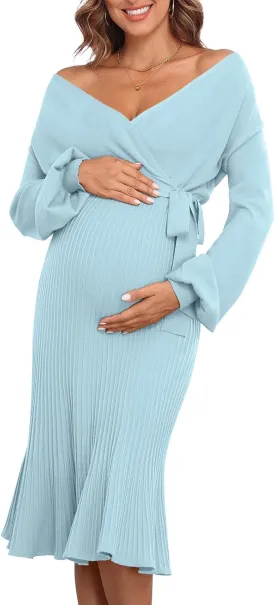 V FOR CITY Maternity Sweater Dress Women Spring Wrap V Neck Pleated A Line Waist with Belt Pregnancy Photoshoot Baby Shower