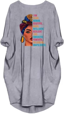 WbJetr Black Woman Beautiful Magic Printed Loose Pocket Oversize Tunic T-Shirt Dress