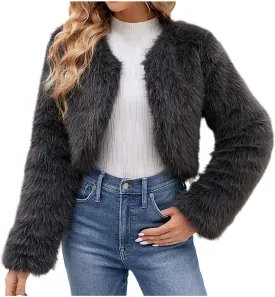 Women Faux Fur Cropped Jacket Plain Long Sleeve Coat Fuzzy Outerwear Solid Open Front Body Warmer Short Parka Coat
