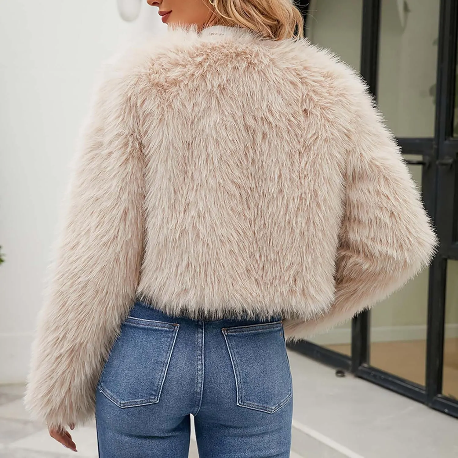 Women Faux Fur Cropped Jacket Plain Long Sleeve Coat Fuzzy Outerwear Solid Open Front Body Warmer Short Parka Coat