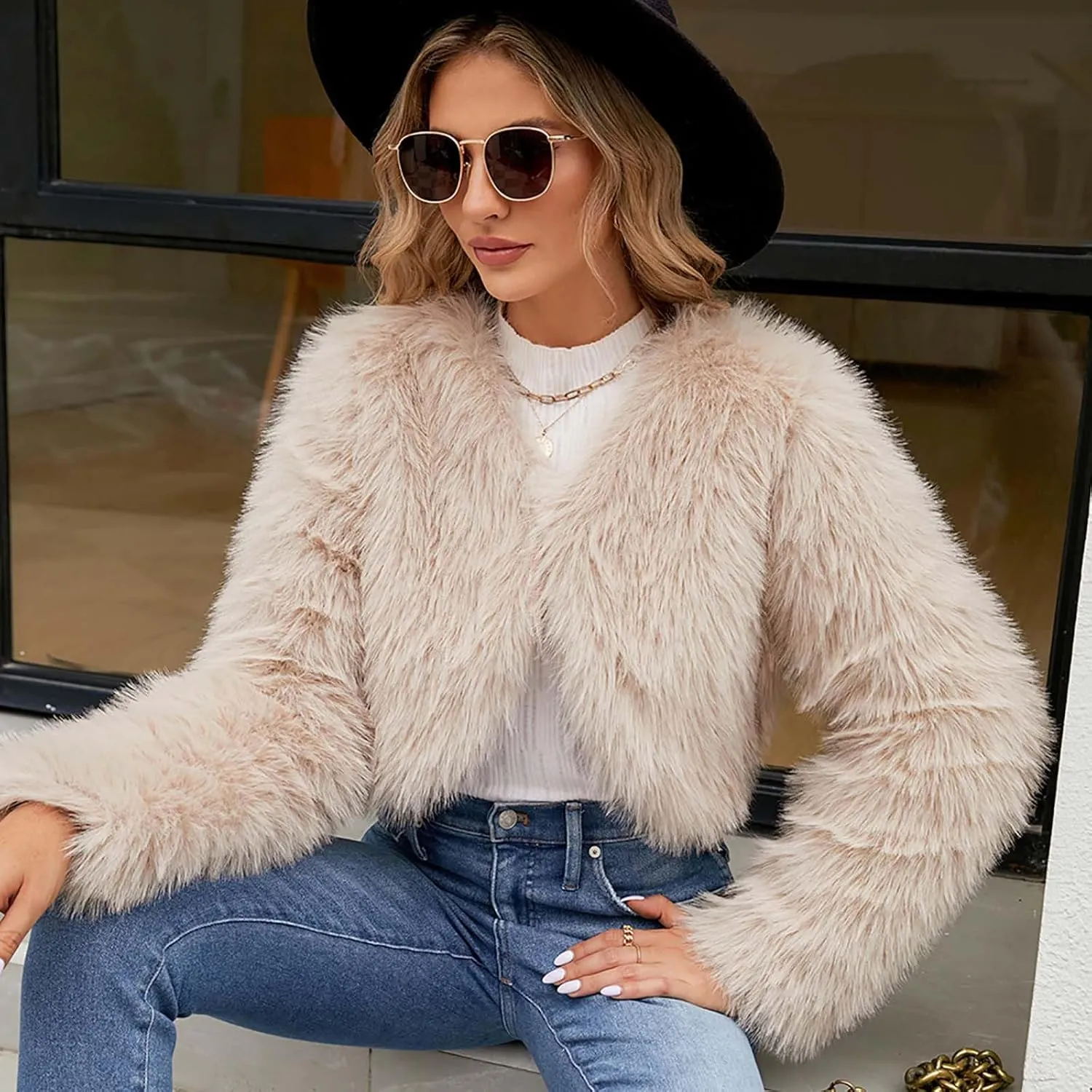 Women Faux Fur Cropped Jacket Plain Long Sleeve Coat Fuzzy Outerwear Solid Open Front Body Warmer Short Parka Coat