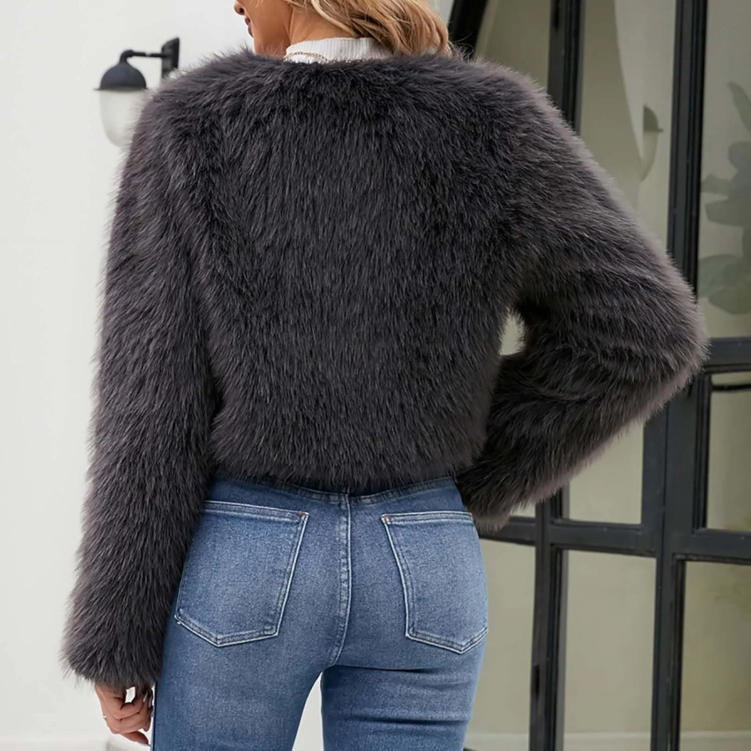 Women Faux Fur Cropped Jacket Plain Long Sleeve Coat Fuzzy Outerwear Solid Open Front Body Warmer Short Parka Coat
