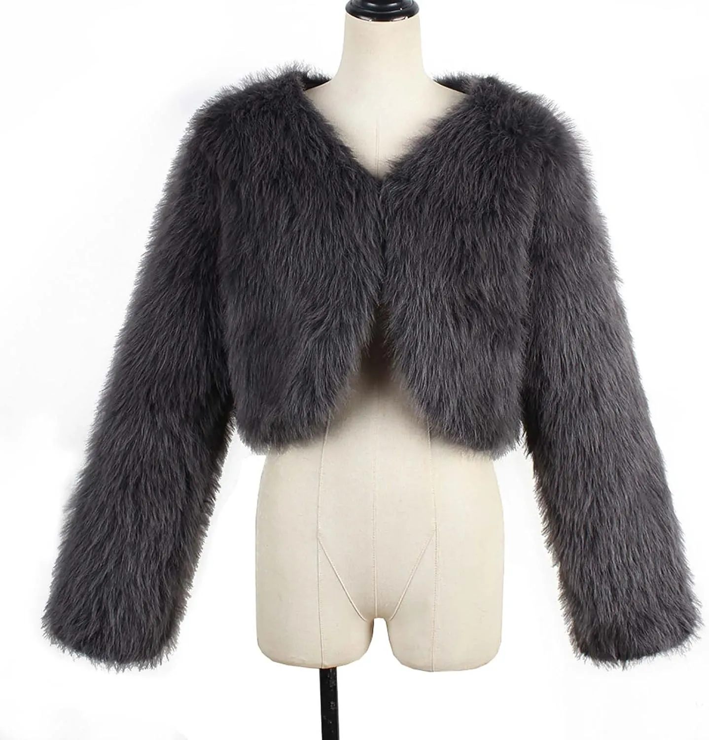Women Faux Fur Cropped Jacket Plain Long Sleeve Coat Fuzzy Outerwear Solid Open Front Body Warmer Short Parka Coat