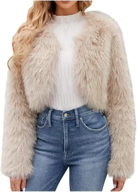 Women Faux Fur Cropped Jacket Plain Long Sleeve Coat Fuzzy Outerwear Solid Open Front Body Warmer Short Parka Coat