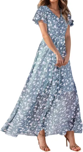 Women Floral Maxi Dress V Neck Flutter Sleeve Long Flowy Chiffon Dresses Casual Summer A Line Garden Party Dresses