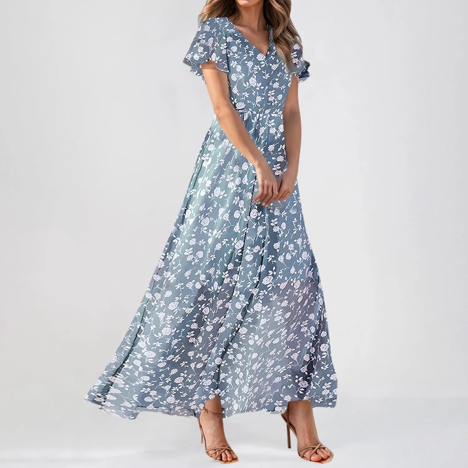 Women Floral Maxi Dress V Neck Flutter Sleeve Long Flowy Chiffon Dresses Casual Summer A Line Garden Party Dresses