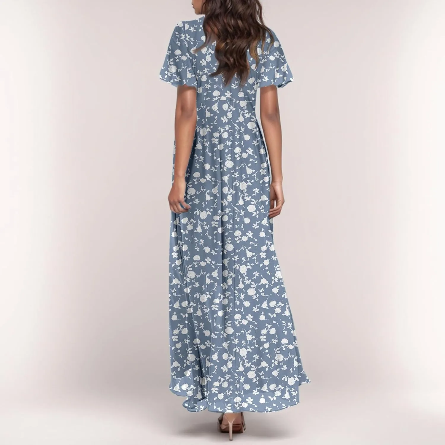 Women Floral Maxi Dress V Neck Flutter Sleeve Long Flowy Chiffon Dresses Casual Summer A Line Garden Party Dresses