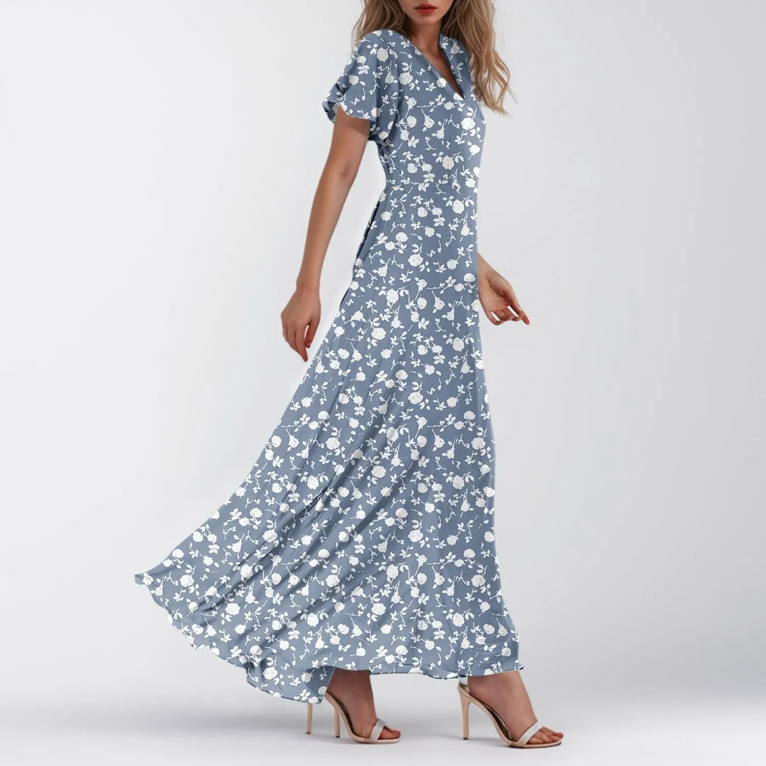 Women Floral Maxi Dress V Neck Flutter Sleeve Long Flowy Chiffon Dresses Casual Summer A Line Garden Party Dresses