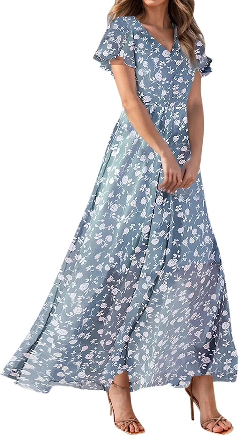 Women Floral Maxi Dress V Neck Flutter Sleeve Long Flowy Chiffon Dresses Casual Summer A Line Garden Party Dresses