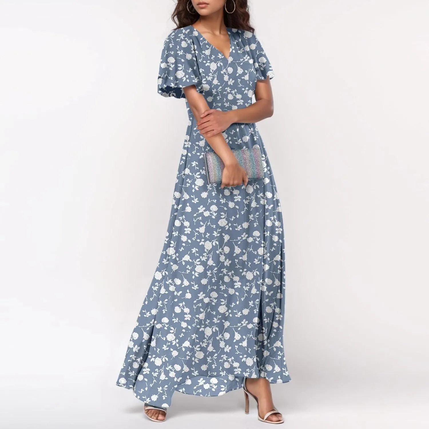 Women Floral Maxi Dress V Neck Flutter Sleeve Long Flowy Chiffon Dresses Casual Summer A Line Garden Party Dresses