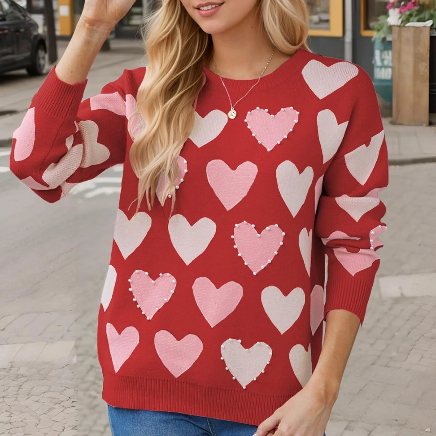 Women Pearl Sweater Love Heart Graphic Knitted Sweatshirts Cute Oversized Pullover Shirts