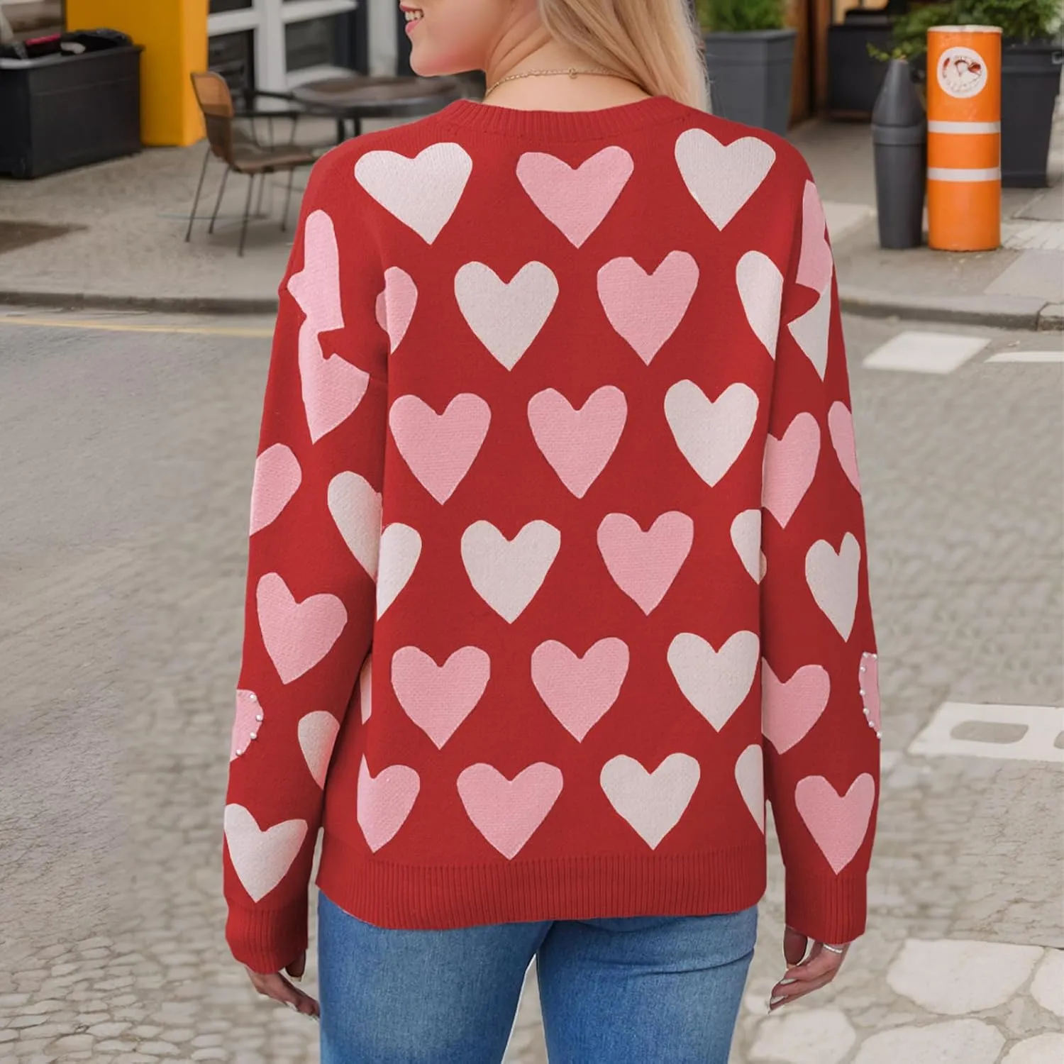 Women Pearl Sweater Love Heart Graphic Knitted Sweatshirts Cute Oversized Pullover Shirts