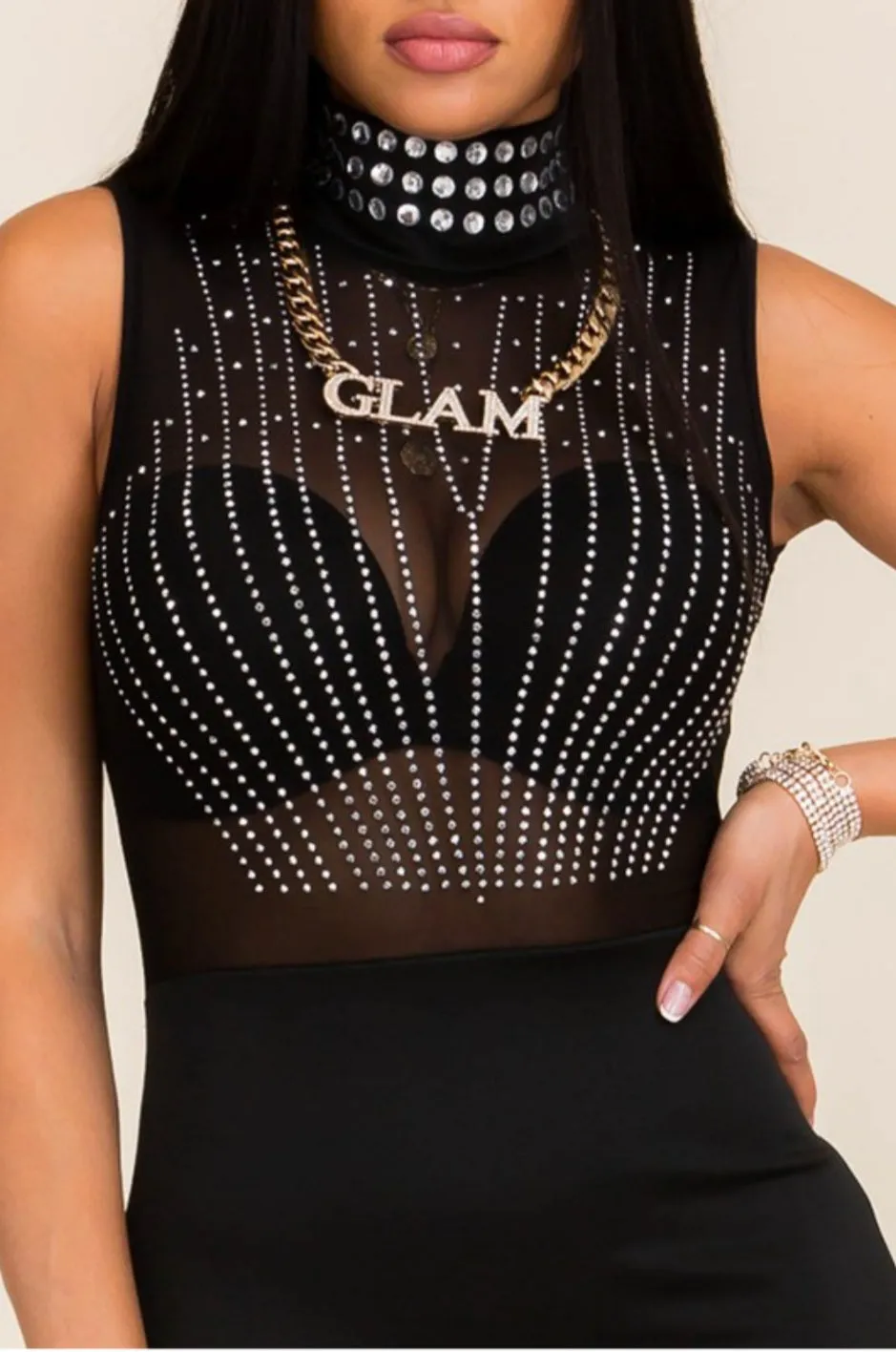Women's Black High Neck Rhinestone on Mesh Mini Dress