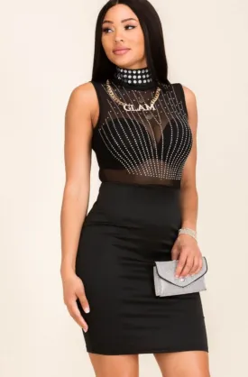 Women's Black High Neck Rhinestone on Mesh Mini Dress