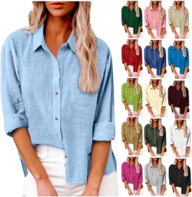Womens Cotton Linen Button Down Shirt 2025 Summer Casual Long Sleeve Solid Color Shirts Loose Work Tops with Pockets